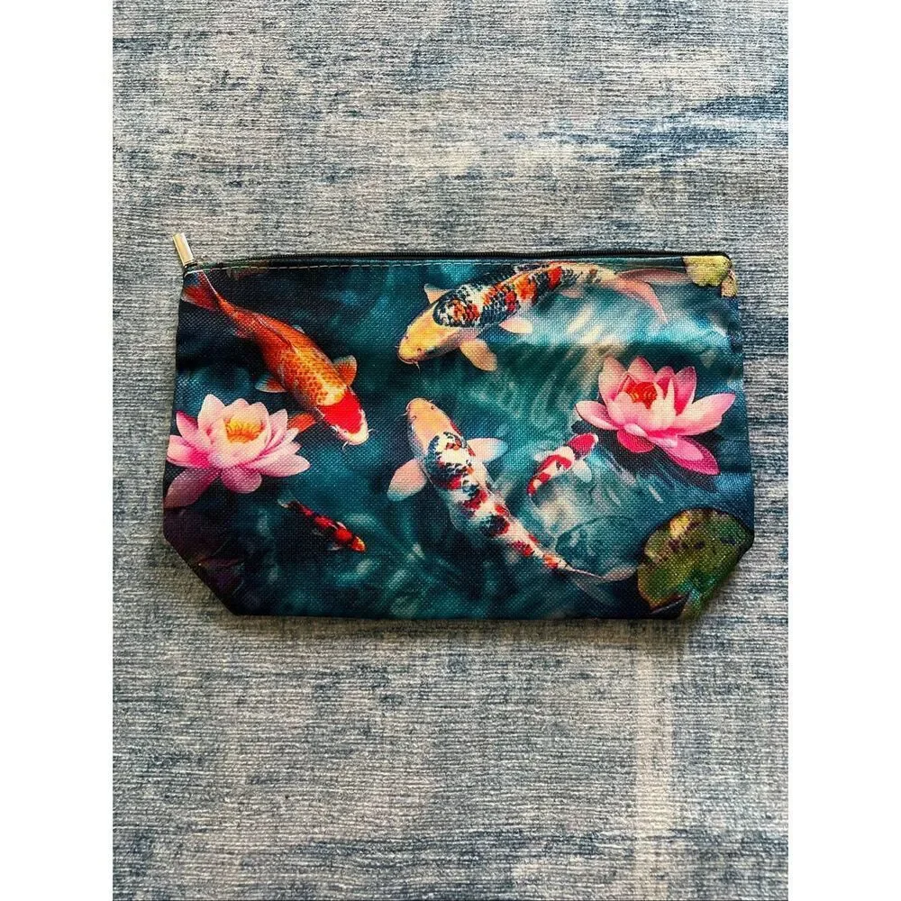 Japanese Koi Fish Flower Cotton Canvas Small Makeup Bag Travel Toiletry Pouch